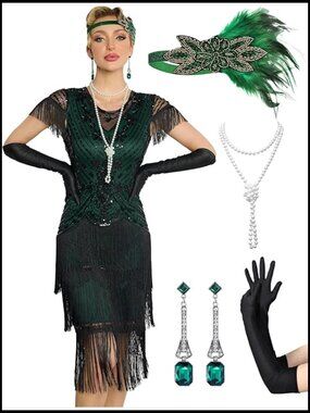 Vintage Flapper Dress with Sequin Geometric Pattern and Fringe Hem